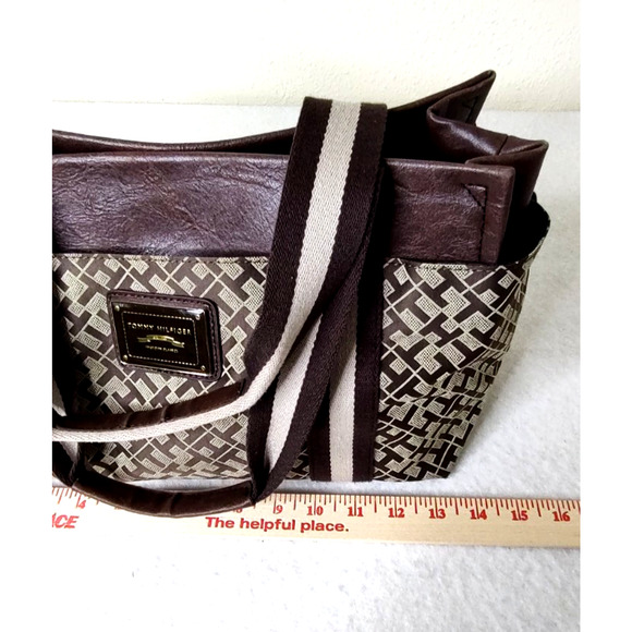 Tommy Hilfiger Womens Handbag Purse Tan Brown Letter Pattern Leather Accents - Picture 12 of 13